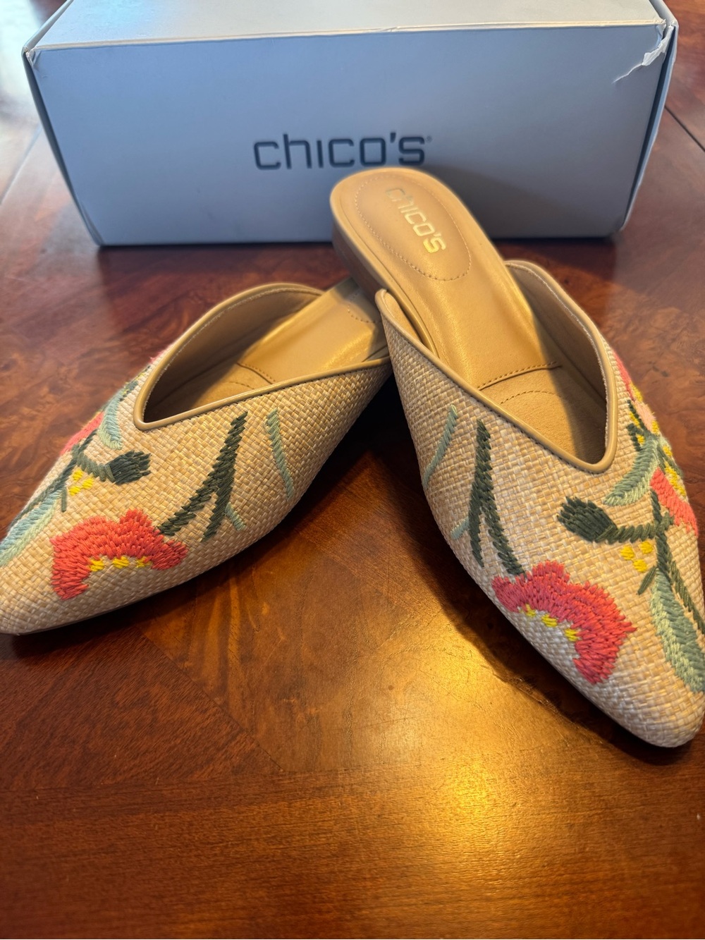 Chico's Beige Embroidered Floral Slip-On Mules